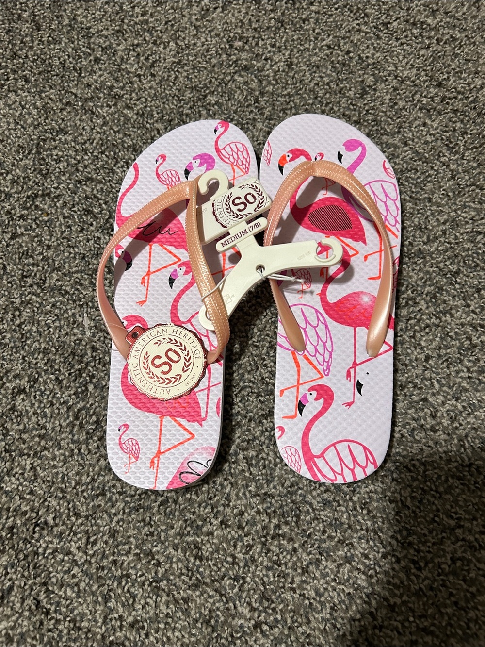 SO Flamingo Print Flip Flops with Metallic Pink Straps